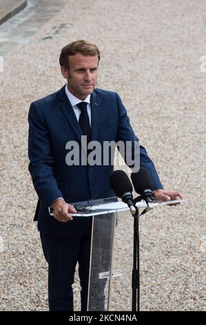 Der französische Präsident Emmanuel Macron begrüßt die deutsche Bundeskanzlerin Angela Merkel am 16. September 2021 im Elysee-Präsidentenpalast in Paris, Frankreich. (Foto von Andrea Savorani Neri/NurPhoto) Stockfoto