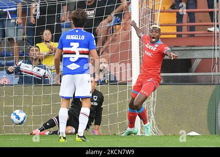 Victor Osimhen von SSC Napoli feiert das erste Tor während des Serie-A-Spiels zwischen UC Sampdoria und SSC Napoli am 23. September 2021 im Stadio Luigi Ferraris, Genua, Italien. (Foto von Giuseppe Maffia/NurPhoto) Stockfoto