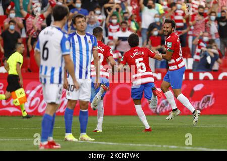 Die deutsche Sanchez aus Granada CF feiert ein Tor während des La Liga-Spiels zwischen Granada CF und Real Sociedad im Stadion Nuevo Los Carmenes am 23. September 2021 in Granada, Spanien. (Foto von Álex Cámara/NurPhoto) Stockfoto