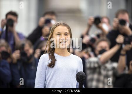 Die schwedische Klimaaktivistin Greta Thunberg spricht am 24. September 2021 vor dem Reichstagsgebäude während des globalen Klimaproteste in Berlin. (Foto von Emmanuele Contini/NurPhoto) Stockfoto