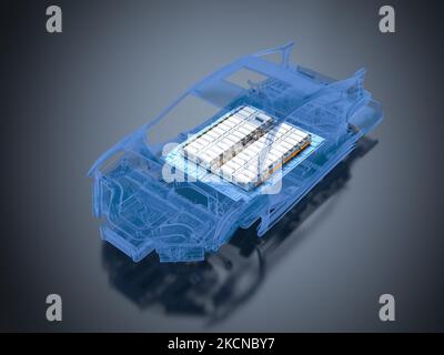 3D Rendering Elektroauto-Batterie mit Pack von Batteriezellen-Modul auf der Plattform Stockfoto