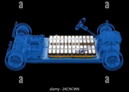 3d rendering x-ray electric car with pack of battery cells module on platform Stockfoto