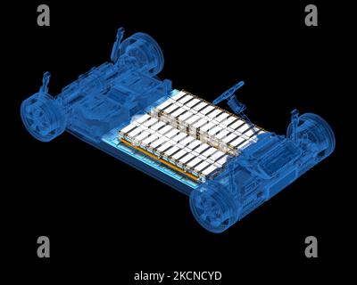 3d rendering x-ray electric car with pack of battery cells module on platform Stockfoto