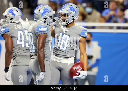 Der Detroit Lions Wide Receiver KhaDarel Hodge (18) feiert am Sonntag, den 26. September 2021, ein Spiel während eines NFL-Fußballspiels zwischen den Detroit Lions und den Baltimore Ravens in Detroit, Michigan, USA. (Foto von Amy Lemus/NurPhoto) Stockfoto