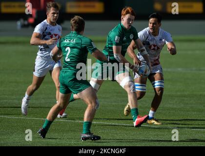 Shane Jennings aus Irland in Aktion, während Hong Kong 7S gegen Irland 7S, HSBC World Rugby Seven Series 7. Platz Play-Off-Spiel im Commonwealth Stadium in Edmonton. Am Sonntag, den 26. September 2021, in Edmonton, Alberta, Kanada. (Foto von Artur Widak/NurPhoto) Stockfoto