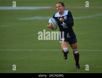 Jasmine Joyce aus Großbritannien in Aktion während des Cup Final-Spiels der HSBC World Rugby Seven „Fast Four“-Frauen-Veranstaltung Großbritannien 7S gegen USA 7S im Commonwealth Stadium in Edmonton. Am Sonntag, den 26. September 2021, in Edmonton, Alberta, Kanada. (Foto von Artur Widak/NurPhoto) Stockfoto