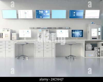 3D Rendering White futuristisches digitales Labor mit Maschine und Computerbildschirm Stockfoto