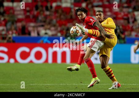 Darwin Nunez von SL Benfica (L) steht mit Ronald Araujo vom FC Barcelona während des Fußballspiels der UEFA Champions League-Gruppe E zwischen SL Benfica und dem FC Barcelona am 29. September 2021 im Luz-Stadion in Lissabon, Portugal, auf dem Spiel. (Foto von Pedro FiÃºza/NurPhoto) Stockfoto