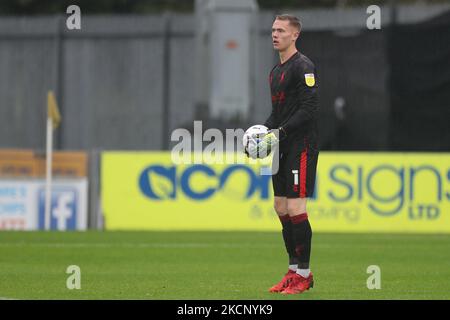 Nathan Bishop of Mansfield Town. Während des Sky Bet League 2-Spiels zwischen Mansfield Town und Barrow im One Call Stadium, Mansfield am Samstag, 2.. Oktober 2021. (Foto von Mark Fletcher/MI News/NurPhoto) Stockfoto