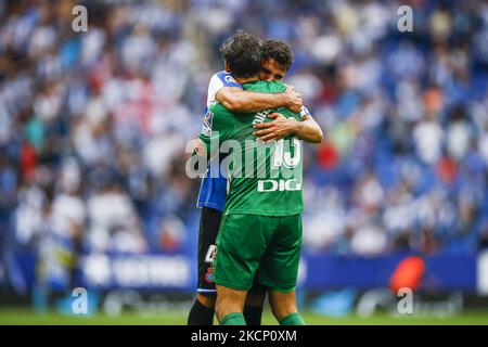 13 Diego Lopez von der RCD Espanyol feiert den Sieg während des La Liga Santader-Spiels zwischen RCD Espanyol und Real Madrid am 03. Oktober 2021 in Barcelona. (Foto von Xavier Bonilla/NurPhoto) Stockfoto