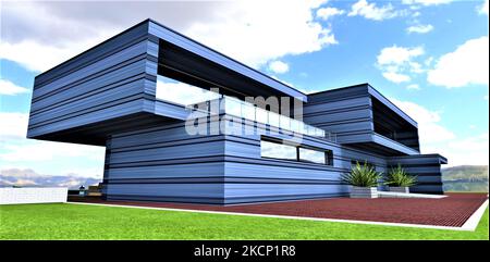 Schützen Sie futuristische Vorstadtgehäuse vor Strahlung mit bleibeschichteten horizontalen Paneelen, die an der Fassade des Hauses montiert sind. 3D Rendern. Stockfoto