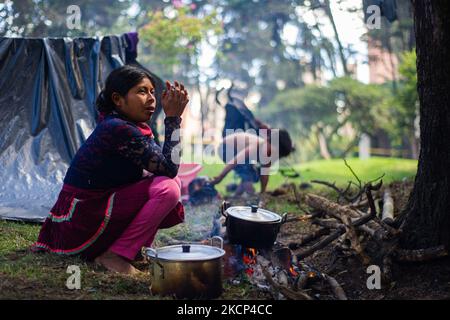 Mitglieder des indigenen Gemeindecamps Embera Katio im kolumbianischen Nationalpark in Bogota, Kolumbien, nachdem Gewalt und Kriminalität sie Anfang 2020 aus ihrem Territorium vertrieben hatten. Am 3. Oktober 2021 in Bogota, Kolumbien. (Foto von Sebastian Barros/NurPhoto) Stockfoto