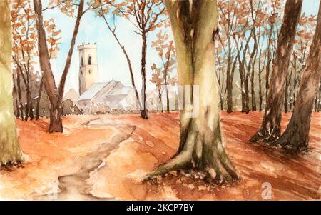 Herbstwald und Kirche im Hintergrund. Aquarell auf Papier. Stockfoto