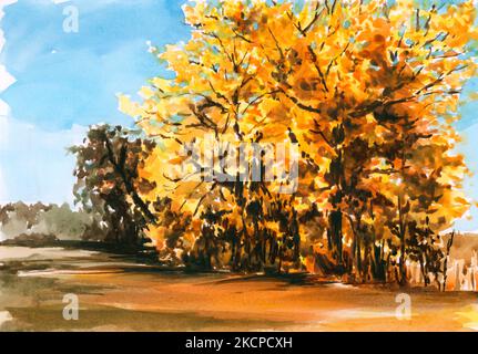 Herbstbäume. Aquarell auf Papier. Stockfoto
