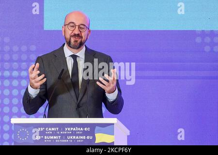 Der Präsident des Europäischen Rates, Charles Michel, hält eine Rede nach dem Gipfeltreffen in Kiew, Ukraine, am 12. Oktober 2021. Der Gipfel Ukraine-Europäische Union 23. in Kiew am 12. Oktober in Anwesenheit des Präsidenten der Ukraine, Wolodymyr Zelenskyy, Der Präsident des Europäischen Rates, Charles Michel, und die Präsidentin der Europäischen Kommission, Ursula von der Leyen. (Foto von Sergii Chartschenko/NurPhoto) Stockfoto