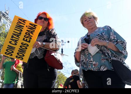 Die spanischen Gewerkschafter feiern das Fest des 12. Oktober, dem Hispanic Day, mit einer Demonstration am on12.. oktober 2021 in Barcelona, Spanien. -- (Foto von Urbanandsport/NurPhoto) Stockfoto