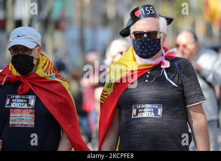 Die spanischen Gewerkschafter feiern das Fest des 12. Oktober, dem Hispanic Day, mit einer Demonstration am on12.. oktober 2021 in Barcelona, Spanien. -- (Foto von Urbanandsport/NurPhoto) Stockfoto