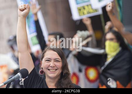 Gina Peltier, Bürgerin der Turtle Mountain Band der Chippewa Indianer, hebt ihre Faust, während die Menge vor dem Armeekorps der Ingenieure klatscht. Indigene und Verbündete aus allen Teilen der Vereinigten Staaten versammelten sich am 12. Oktober 2021 vor dem Armeekorps der Ingenieure in der Innenstadt von Washington, D.C.. Die Aktivisten überreichten dem Corps Petitionen mit über 2 Millionen Unterschriften, in denen sie für das Ende der Erweiterung der Line 3 Pipeline aufriefen. Die Pipeline, die von Harditsy, Alberta, CA, nach Superior, WI verläuft, hat Tausende von Gallonen Öl verschüttet. (Foto von Zach Brien/NurP Stockfoto