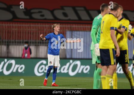 Nicolo Rovella von U21 Italien reagiert während des UEFA-Fußballspiels zwischen Italien U21 und Schweden U21 bei der U-Power-Europameisterschaft unter 21 Jahren im italienischen Monza am 12. Oktober 2021 (Foto: Fabrizio Carabelli/LiveMedia/NurPhoto) Stockfoto