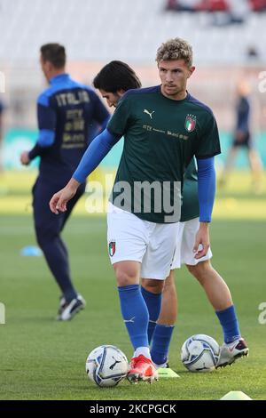 Matteo Lovato von U21 Italien erwärmt sich während des UEFA-Fußballspiels zwischen Italien U21 und Schweden U21 bei der U-Power-Europameisterschaft unter 21 Jahren im italienischen Monza am 12. Oktober 2021 (Foto: Fabrizio Carabelli/LiveMedia/NurPhoto) Stockfoto