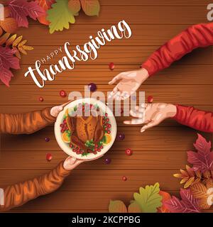 Top-Winkel-Ansicht der serviert Thanksgiving türkei Gericht freundliche Familie mit Mittagessen. vektor-Illustration Design Stock Vektor