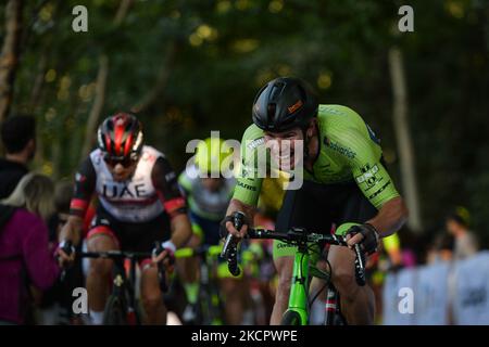 Die Teilnehmer des Muro della Tisa, einer Radtour in der Provinz Vicenza, während der ersten Ausgabe des Veneto Classic, des Profi-Radrennens 207km von Venedig nach Bassano del Grappa, das in der Region Venetien stattfand. Am Sonntag, den 17. Oktober 2021, in Bassano del Grappa, Venetien, Italien. (Foto von Artur Widak/NurPhoto über Getty Images) (Foto von Artur Widak/NurPhoto) Stockfoto