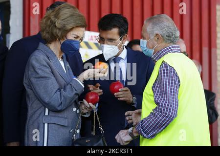 Königin Sofia sieht bei ihrem Besuch bei der Food Bank von Granada am 20. Oktober 2021 in Granada, Spanien, einer Kaki und einem Granatapfel. (Foto von Álex Cámara/NurPhoto) Stockfoto
