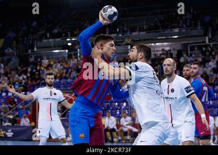 Domen Makuc vom FC Barcelona im Einsatz mit Nikola Karabatic vom PSG Handball während des EHF Champions League-Spiels zwischen dem FC Barcelona und dem PSG Handball im Palau Blaugrana in Barcelona. (Foto von DAX Images/NurPhoto) Stockfoto