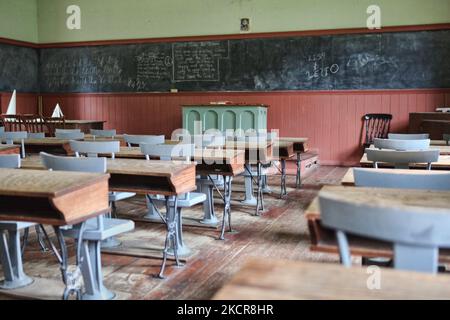 Das Innere eines Pionierschulhauses, das im Jahr 1860 erbaut und am 25. September 2010 in Toronto, Ontario, Kanada, erhalten wurde. (Foto von Creative Touch Imaging Ltd./NurPhoto) Stockfoto