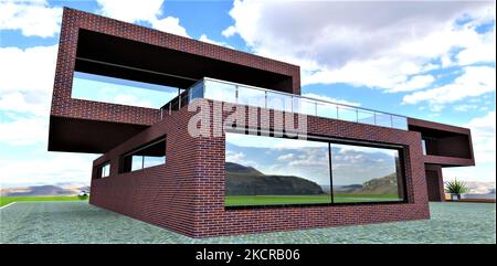 Das Konzept der Elite-Vorstadtwohnungen aus rotem Backstein. Große verspiegelte Fenster. Gerade, minimalistische Linien. Große gepflasterter Bereich rund um das Haus. 3D RE Stockfoto