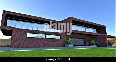 Eine frisch geschnittene Wiese vor einer Garage aus modernen Luxuswohnungen. Hubtore aus Aluminium. Fertigstellung der Fassade des Hauses mit rotem glänzenden Backstein. 3 Stockfoto