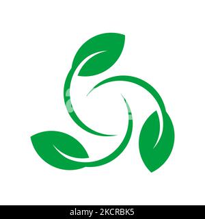 Designvorlage für das Logo für den Umweltschutz. Drei rotierende Blätter bilden eine Schildform. Idee recyceln. Biologisch abbaubares kompostierbares Icon. Vektor Stock Vektor