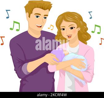 Illustration eines Paares, einer Mutter und eines Vaters, die zu ihrem Schlafenden Baby singen, bedeckt von Decke und Haube, Musiktherapie Stockfoto