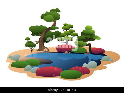 Japanischer Garten und Blumenbeet mit kleinen Bäumen, Steinen und Blumen. Mit kleinem Teich. Isoliert auf weißem Hintergrund. Illustrationsvektor. Stock Vektor