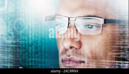 Analytics, Overlay und 3D digital, während Geschäftsmann online für Fintech mit ux und ui für finanzielle Investitionen. Buchhalter, futuristische Tech und Stockfoto