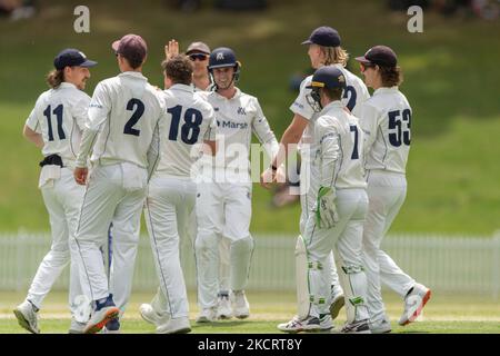 Das Victoria-Team feiert das Dickicht von Jason Sangha aus New South Wales am vierten Tag des Sheffield Shield-Spiels zwischen New South Wales und Victoria am 30. Oktober 2021 im Drummoyne Oval in Sydney, Australien. (Foto von Izhar Khan/NurPhoto) Stockfoto