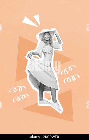 Foto Artwork minimal Bild von funky lustige Dame tragen lange Kleid zu Fuß genießen gutes Wetter isoliert Zeichnung Hintergrund Stockfoto