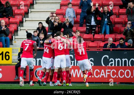 Jayden Stockley von Charlton feiert nach dem Treffer beim Sky Bet League 1-Spiel zwischen Charlton Athletic und Doncaster Rovers am Samstag, dem 30.. Oktober 2021, im The Valley, London. (Foto von Federico Maranesi/MI News/NurPhoto) Stockfoto