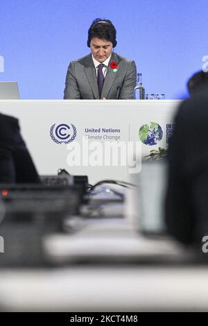 Kanadas Premierminister Justin Trudeau nimmt am dritten Tag der Klimakonferenz der Vereinten Nationen (COP 26) am 02. November 2021 in Glasgow, Schottland, Teil. (Foto von Ewan Bootman/NurPhoto) Stockfoto