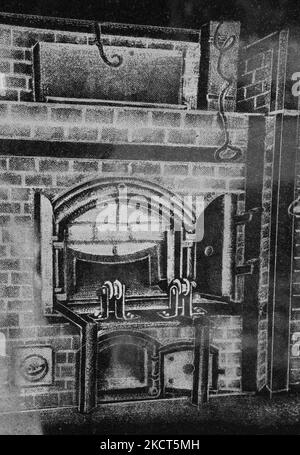 Radierung am Holocaust-Mahnmal in Toronto, Kanada, mit der Darstellung der Krematoriumöfen der Konzentrationslager Dachau, die die Leichen von Juden verbrennen. (Foto von Creative Touch Imaging Ltd./NurPhoto) Stockfoto