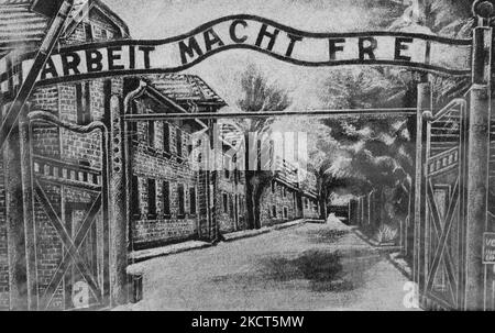 Radierung am Holocaust-Mahnmal in Toronto, Kanada, mit der Darstellung des Eingangs zum Konzentrationslager Auschwitz mit den Worten 'Arbeit macht frei'. (Foto von Creative Touch Imaging Ltd./NurPhoto) Stockfoto