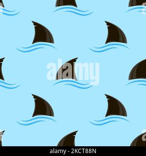 Silhouettensymbol für Haifischflossen und Blaue Wellen isoliert auf blauem Hintergrund. Nahtloses Muster Stock Vektor