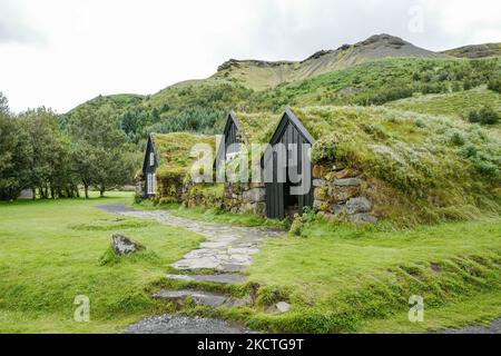 Traditionelle isländische Häuser in Skogar. Dieses Gebiet ist bekannt für den Wasserfall Skogafoss und das Volksmuseum mit traditionellen Gebäuden. Stockfoto