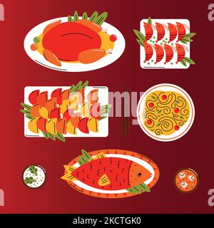 Flaches chinesisches Neujahr Reunion Dinner Food Kollektion Vektor Design Illustration Stock Vektor