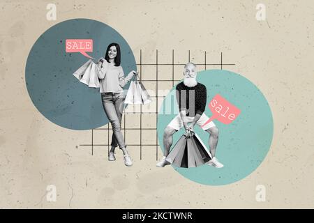 Kreative Collage Porträt von zwei positiven Menschen schwarz weiß Farben halten Shopping Sale Taschen isoliert auf lackiertem Hintergrund Stockfoto