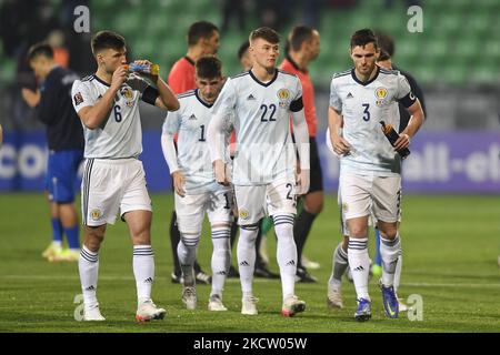 Craig Gordon, Andy Robertson, Kieran Tierney, John McGinn, Callum McGregor, Che Adams, Jack Hendry, Billy Gilmour, Liam Cooper, Stuart Armstrong, Nathan Patterson in Aktion während der FIFA Fußball-Weltmeisterschaft 2022 Qualifikationsrunde zwischen Moldawien und Schottland, Freitag, 12. November 2021, in Chisinau, Moldawien. (Foto von Alex Nicodim/NurPhoto) Stockfoto