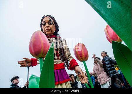 Die riesige Marionette „Little Amal“, ein neun Jahre altes syrisches Flüchtlingsmädchen und über 11 Meter groß, läuft am 15.. November 2021 durch einen Haufen riesiger Tulpen im Miniaturpark Madurodam in Den Haag. (Foto von Romy Arroyo Fernandez/NurPhoto) Stockfoto