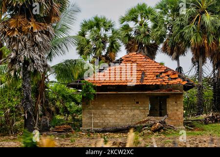 Überreste eines Hauses, das während des Bürgerkrieges in Mullaitivu, Sri Lanka, zerstört wurde. Dies ist nur eine der vielen Erinnerungen an die tiefen Narben, die während des 26-jährigen Bürgerkrieges zwischen der srilankischen Armee und der LTTE (Liberation Tigers of Tamil Eelam) entstanden sind. Die Vereinten Nationen schätzen, dass während des Krieges etwa 40.000 Menschen getötet wurden. (Foto von Creative Touch Imaging Ltd./NurPhoto) Stockfoto