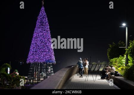 Hongkong, China, 20. November 2021, Führt Ein Fotograf im West Kowloon Art Park vor dem Weihnachtsbaum, der gebaut wird, ein Portrait-Shooting durch. (Foto von Marc Fernandes/NurPhoto) Stockfoto