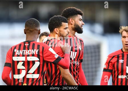 Dominic Solanke vom AFC Bournemouth feiert am Sonntag, den 21.. November 2021, nach einem Tor, das beim Sky Bet Championship-Spiel zwischen Derby County und Bournemouth im Pride Park, Derby, 1-2 Punkte erreicht hat. (Foto von Jon Hobley/MI News/NurPhoto) Stockfoto